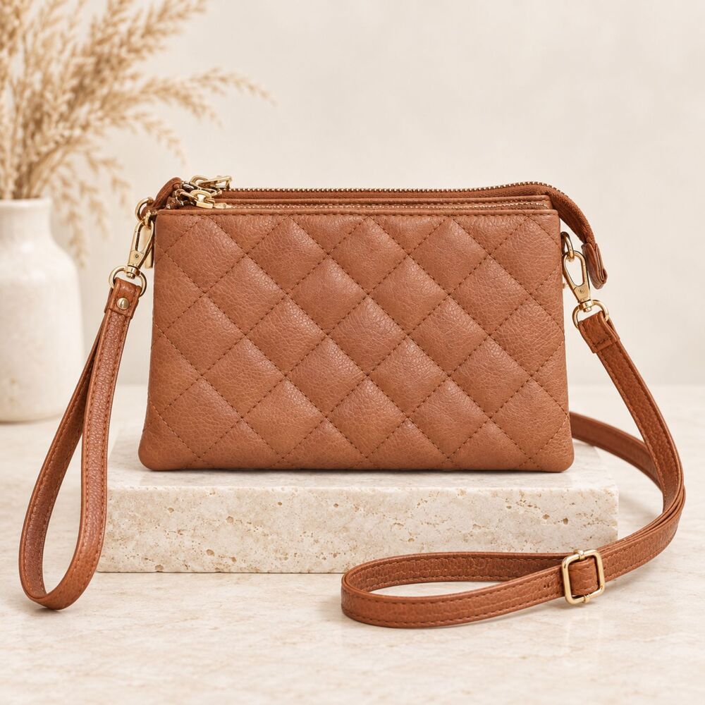 Brown Quilted Triple Zip Crossbody Wristlet Bag Convertible Clutch Purse